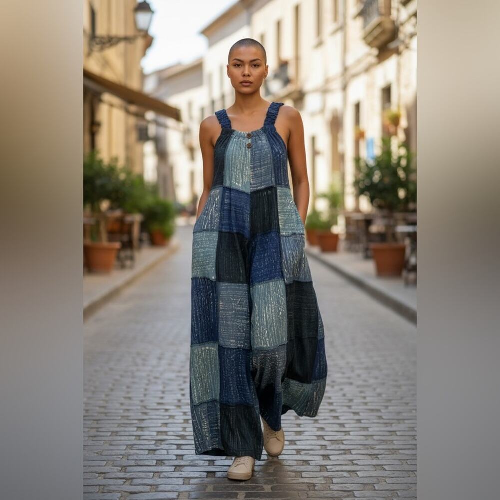 Handmade Boho Baggy Indigo Patchwork Overalls Wide Leg Jumpsuit Hippie Jumper